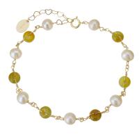 bracelet en laiton de perle d'eau douce cultivée, jade, avec Doublé or & perle d'eau douce cultivée, pour femme, Jaune, 6mm,5.5mm Environ 6 pouce, Vendu par PC