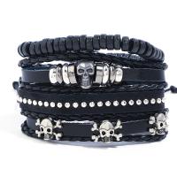 PU Leather Cord Bracelets, Zinc Alloy, with PU Leather & Wax Cord, 4 pieces & handmade & Unisex, black, 17-18cm,6cm 