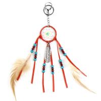 Zinc Alloy Key Clasp, Velveteen, with Feather & Wood & Zinc Alloy, Dream Catcher, reddish orange, 24-29cm 