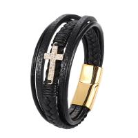 PU Leather Bracelet, with Stainless Steel, plated, multilayer & micro pave cubic zirconia & for man 215mm 