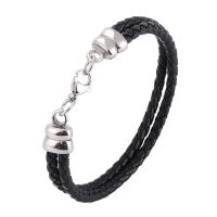 Leather Bracelet, stainless steel lobster clasp, silver color plated, Double Layer & braided bracelet & Unisex, black, 4mm 