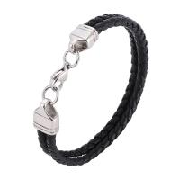 Leather Bracelet, stainless steel lobster clasp, silver color plated, Double Layer & braided bracelet & Unisex, black, 4mm 