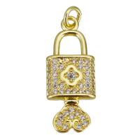 Cubic Zirconia Micro Pave Brass Pendant, Lock and Key, gold color plated, micro pave cubic zirconia Approx 2.5mm 