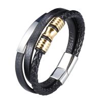 Leather Bracelet, with Stainless Steel, stainless steel magnetic clasp, silver color plated, patchwork & three layers & braided bracelet & Unisex, black 