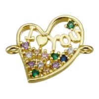 Cubic Zirconia Micro Pave Brass Connector, Heart, gold color plated, micro pave cubic zirconia & hollow Approx 1.5mm 