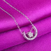 Sterling Silver Jewelry Necklace, 925 Sterling Silver, with 1.97inch extender chain, Moon and Star, silver color plated, fashion jewelry & for woman & with rhinestone .95 Inch 