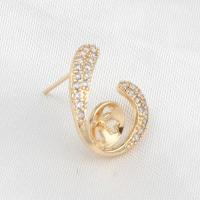 Brass Earring Stud Component, micro pave cubic zirconia, golden 