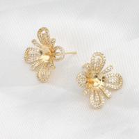 Brass Earring Stud Component, Flower, micro pave cubic zirconia, golden 