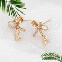 Brass Earring Stud Component, Bowknot, micro pave cubic zirconia, golden 