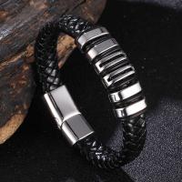 Pulseras de cordón de cuero artificial, con acero inoxidable, chapado en color de plata, unisexo & diverso tamaño para la opción & patrón de tejido, Negro, 12x6mm, Vendido por UD