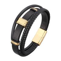 bracelet de cordon en PU , Microfibre PU, avec acier inoxydable, Placage de couleur d'or, trois couches & bracelet tressé & unisexe & normes différentes pour le choix, noire Vendu par PC