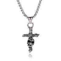 acier inoxydable 316L collier, Croix avec tête de mort, Oindre, unisexe & chaîne de boîte, couleur originale Environ 23.62 pouce, Vendu par PC