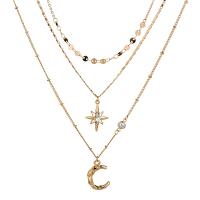 Collar Multi de la capa, aleación de zinc, Luna y estrella, chapado, para mujer & con diamantes de imitación, dorado, Vendido por UD