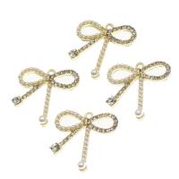 Zinc Alloy Rhinestone Pendants, with pearl, Bowknot, with rhinestone, golden 