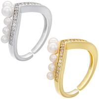 Cubic Zirconia Micro Pave Brass Finger Ring, with Plastic Pearl, plated, Adjustable & micro pave cubic zirconia & for woman Inner Approx 17mm 