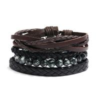 PU Leather Cord Bracelets, with Glass Beads & Wax Cord, 4 pieces & Adjustable & fashion jewelry & handmade & Unisex, 17-18cm,6cm 