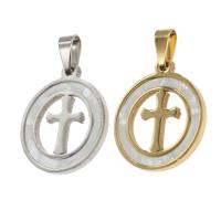 Stainless Steel Pendants, with Shell, Round, with cross pattern 