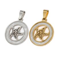 Stainless Steel Pendants, with Shell, Round, with star pattern 