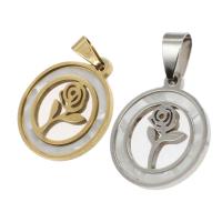 Stainless Steel Pendants, with Shell, Round, with flower pattern 