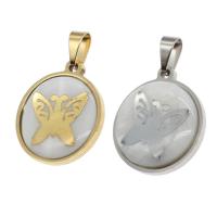 Stainless Steel Pendants, with Shell, Round, with butterfly pattern 