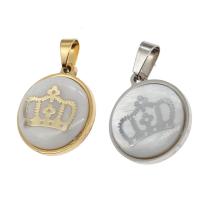 Stainless Steel Pendants, with Shell, Round, crown design 