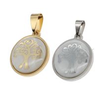 Stainless Steel Pendants, with Shell, Round, tree of life design 