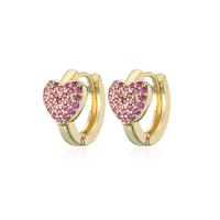 Brass Huggie Hoop Earring, Heart, 18K gold plated, micro pave cubic zirconia & for woman 15mm 