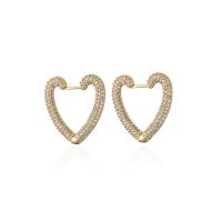 Brass Huggie Hoop Earring, Heart, 18K gold plated, micro pave cubic zirconia & for woman 15mm 