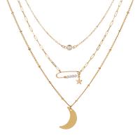 Collar Multi de la capa, aleación de zinc, con Perlas plásticas, Luna y estrella, chapado en color dorado, para mujer, dorado, libre de níquel, plomo & cadmio, Vendido por Sarta