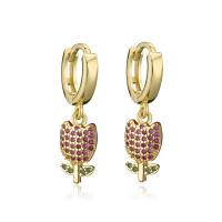 Huggie Hoop Drop Earring, Brass, Flower, 18K gold plated, micro pave cubic zirconia & for woman 