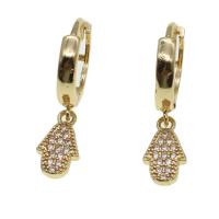 Huggie Hoop Drop Earring, Brass, Hand, micro pave cubic zirconia & for woman, golden 