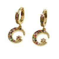 Huggie Hoop Drop Earring, Brass, Moon and Star, micro pave cubic zirconia & for woman, golden 