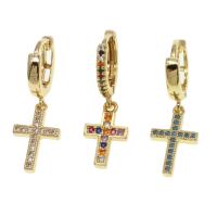 Huggie Hoop Drop Earring, Brass, Cross, micro pave cubic zirconia & for woman 