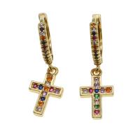 Huggie Hoop Drop Earring, Brass, Cross, micro pave cubic zirconia & for woman, golden 