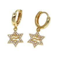 Huggie Hoop Drop Earring, Brass, Star, micro pave cubic zirconia & for woman, golden 