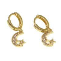 Huggie Hoop Drop Earring, Brass, Moon and Star, micro pave cubic zirconia & for woman, golden 