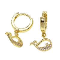 Huggie Hoop Drop Earring, Brass, Dolphin, micro pave cubic zirconia & for woman, golden 