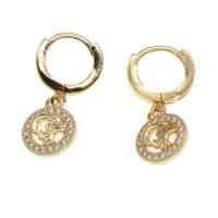 Huggie Hoop Drop Earring, Brass, Round, sun and moon & micro pave cubic zirconia & for woman, golden 