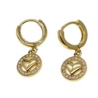 Huggie Hoop Drop Earring, Brass, Round, with heart pattern & micro pave cubic zirconia & for woman, golden 