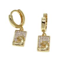 Huggie Hoop Drop Earring, Brass, Rectangle, micro pave cubic zirconia & for woman, golden 