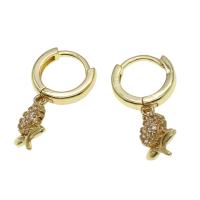 Huggie Hoop Drop Earring, Brass, Flower, micro pave cubic zirconia & for woman, golden 