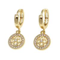 Huggie Hoop Drop Earring, Brass, Round, four leaf clover design & micro pave cubic zirconia & for woman, golden 