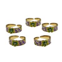 Brass Cuff Finger Ring, Adjustable & with flower pattern & micro pave cubic zirconia & for woman & enamel, mixed colors 