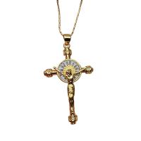 Zirkonia Mikro pflastern Messinghalsketten, Messing, mit Verlängerungskettchen von 1.96 inch, Jesus Kreuz, 18K vergoldet, Micro pave Zirkonia & für Frau, 24.5x40mm, Länge:ca. 17.72 ZollInch, verkauft von PC