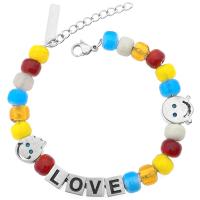 Pulseras de cristal de Murano, Partículas de acero, con Cristal de murano, con 4cm extender cadena, Cara sonriente, chapado en color de plata, unisexo, más colores para la opción, longitud:aproximado 18 cm, Vendido por UD