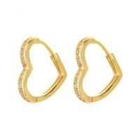 Brass Huggie Hoop Earring, Heart, 14K gold plated, for woman & with cubic zirconia, golden 