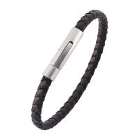 bracelet de cordon en PU , Microfibre PU, acier inoxydable fermoir pression, Placage de couleur argentée, bracelet tressé & unisexe & normes différentes pour le choix, noir et brun, 6mm, Vendu par brin