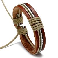 Bracelets de cuir de vachette, cuir de peau de vache, avec corde de cire, Réglable & unisexe, couleur de café, 1.2cm,17-18cm, Vendu par PC