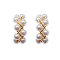 Brass Hoop Earring, with Plastic Pearl, real gold plated, for woman, mixed colors 