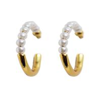 Brass Hoop Earring, with Plastic Pearl, real gold plated, patchwork & for woman, mixed colors 